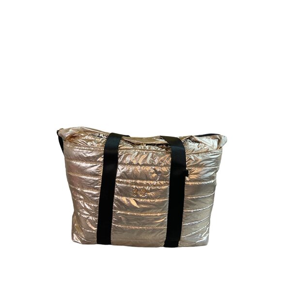 Jessica Simpson Tote Bag Gold Metallic Faux Leather Trim Leopard Lining Retro - Picture 1 of 9